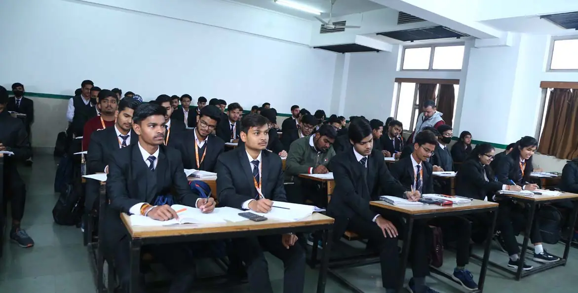 Classroom with students at wooden desks