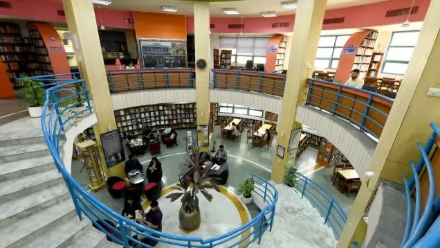 Library atrium with circular galleries