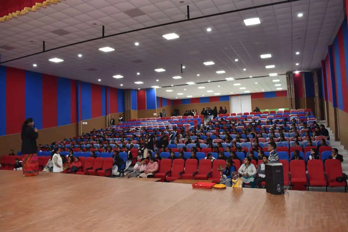 Auditorium with tiered red seating