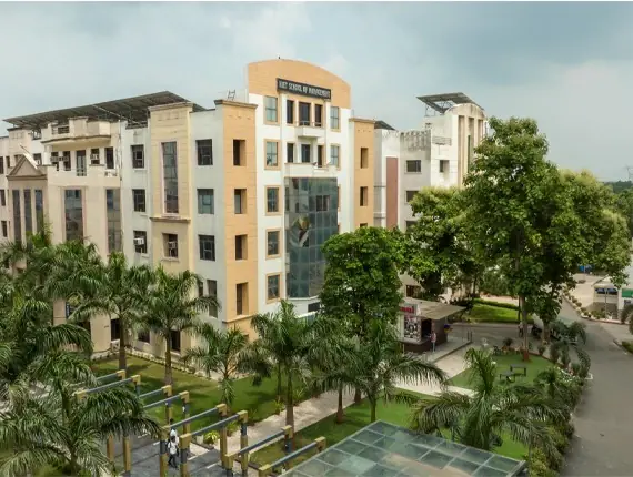 Aerial view of academic blocks and landscaped courtyard