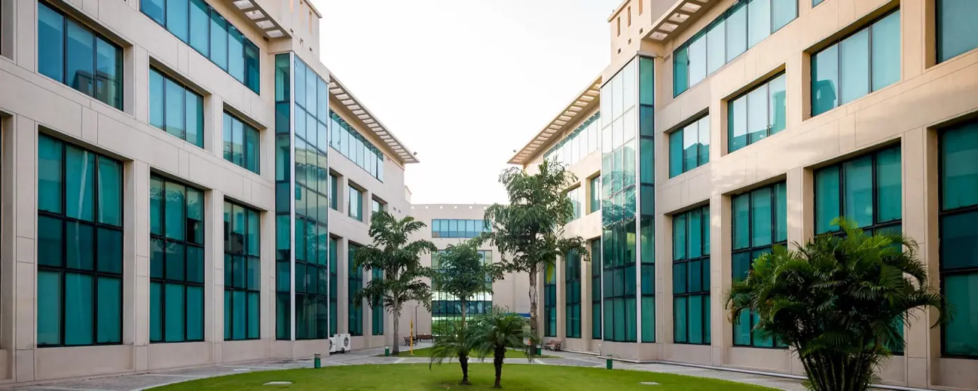 Landscaped courtyard between academic buildings